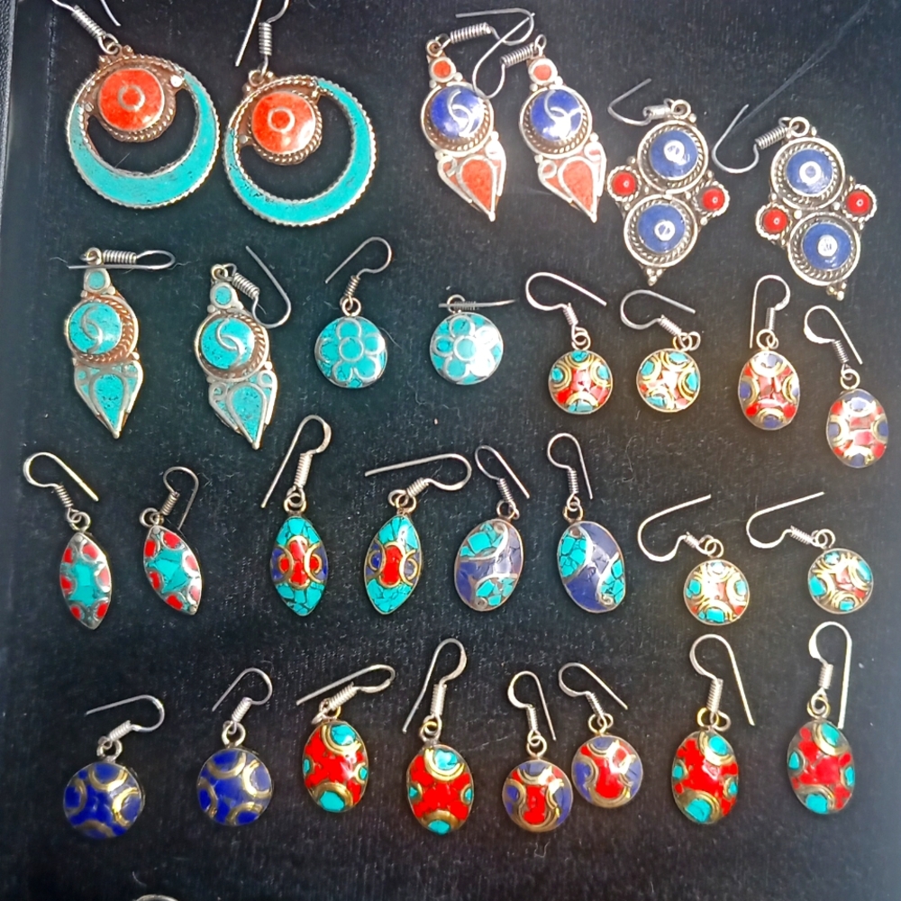 Silver Earrings Native Turquoise Coral Lapis Lazuli Handmade